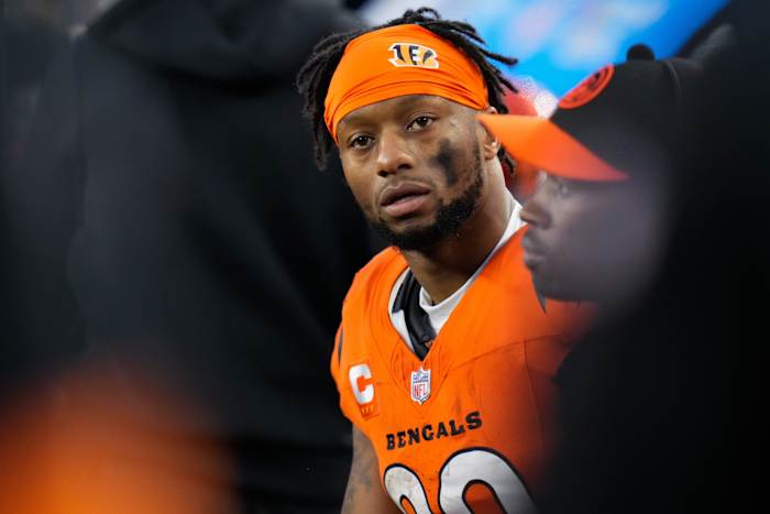 Cincinnati Bengals running back Joe Mixon (28) rests between drives in the fourth quarter of the NFL Week 12 game between the Cincinnati Bengals and the Pittsburgh Steelers at Paycor Stadium in Cincinnati on Sunday, Nov. 26, 2023. The Steelers took a 16-10 win over the Bengals in Cincinnati.